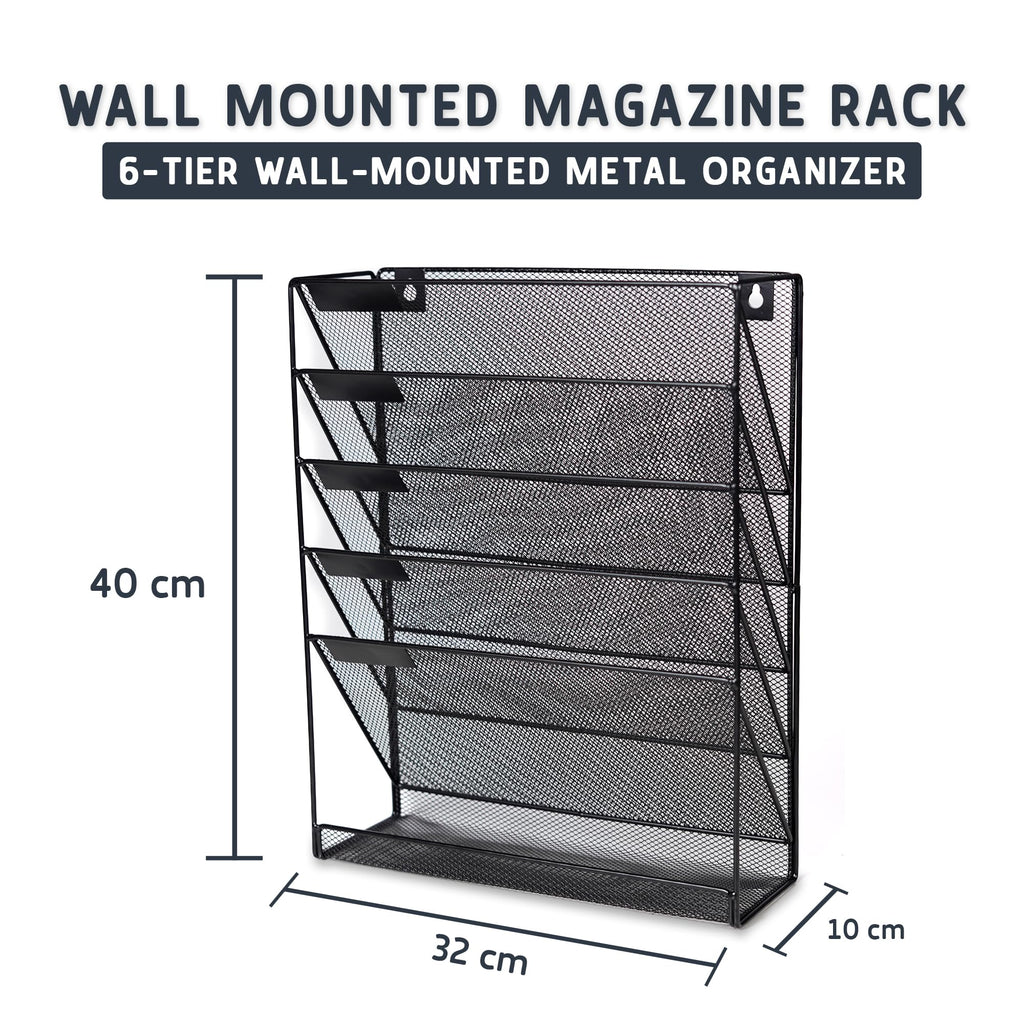Wall Mounted Magazine Rack – 6-Tier Metal Mesh File & Document Holder, A4