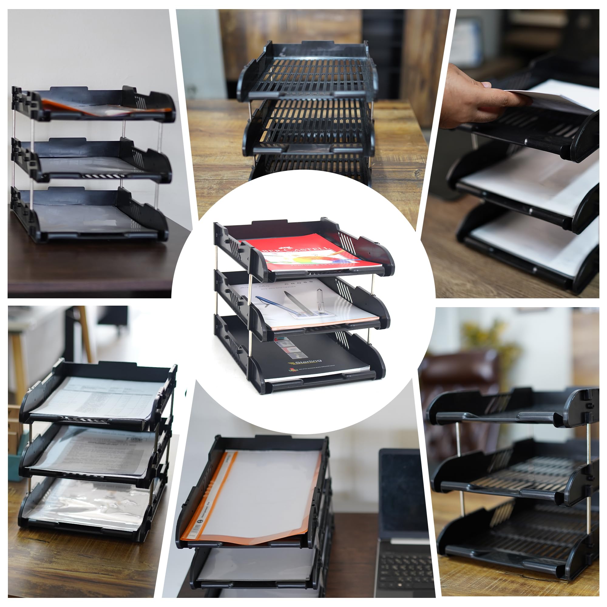 3-Tier Paper Tray - Stackable Desk Organiser Tray - Filing Trays for Letters, Paper, Documents, Magazines