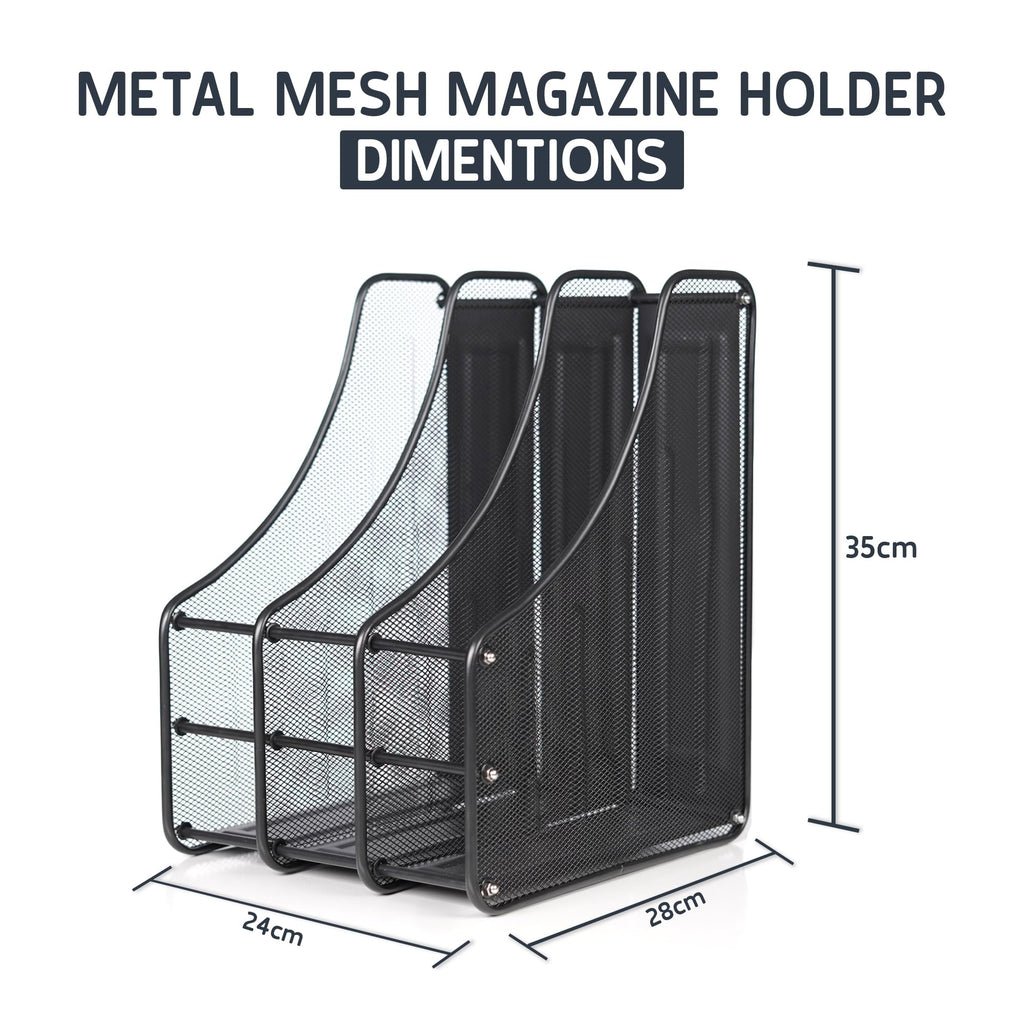 Magazine File Holder Desktop – 3 Section A4 Document Organiser, Metal Mesh, Black