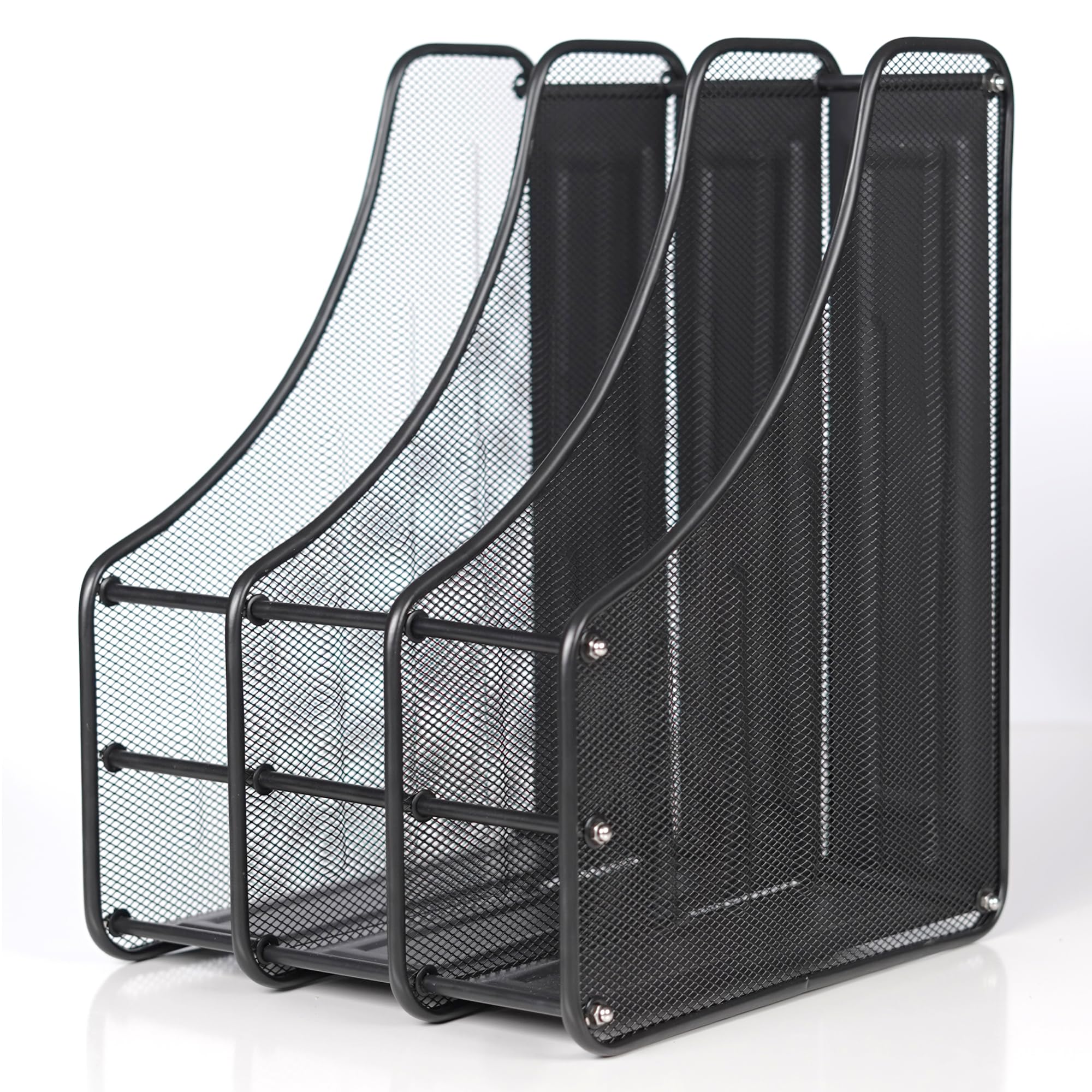 Magazine File Holder Desktop – 3 Section A4 Document Organiser, Metal Mesh, Black