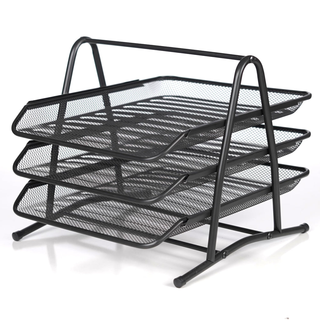 ABN-FINEST Stackable 3 Tier Office Filing Trays, Racks for Desk, A4 Documents, Paper, Letters, Stationary, Magazine - Metal Mesh - Easy to Assemble - Black