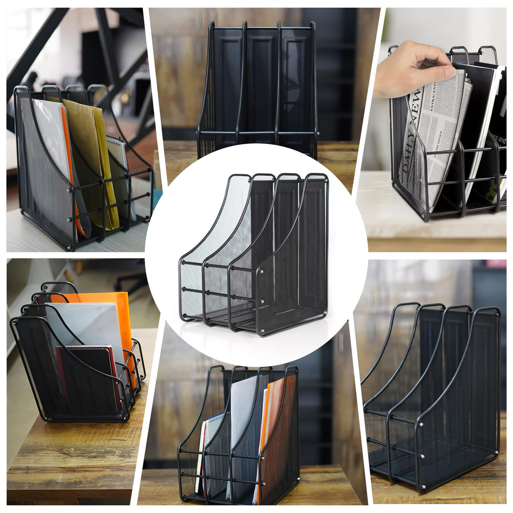 Magazine File Holder Desktop – 3 Section A4 Document Organiser, Metal Mesh, Black