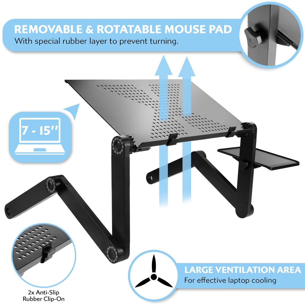Folding Laptop Stand – Height Adjustable Lap Desk, 360° Legs, Mouse Tray, Portable, Black