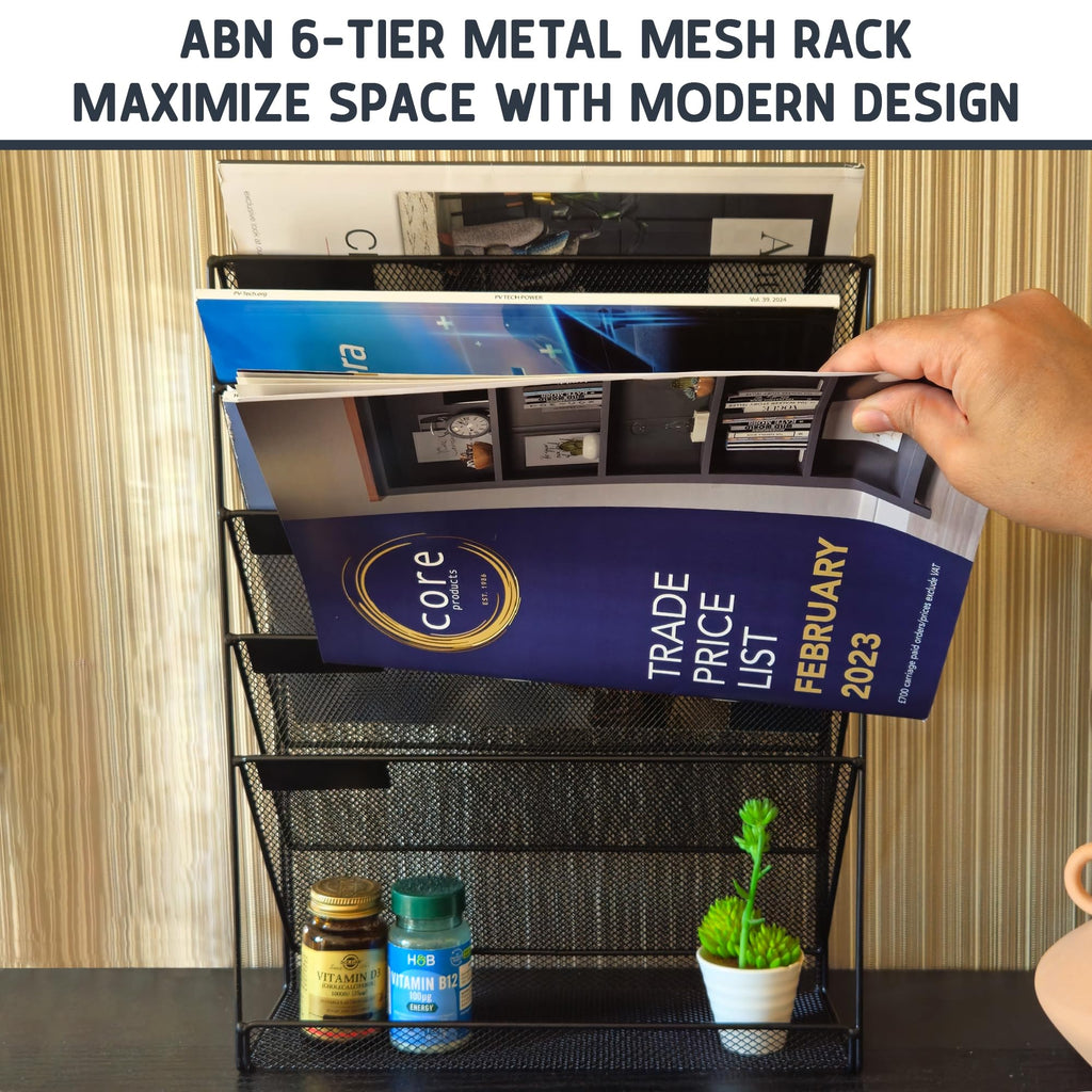 Wall Mounted Magazine Rack – 6-Tier Metal Mesh File & Document Holder, A4