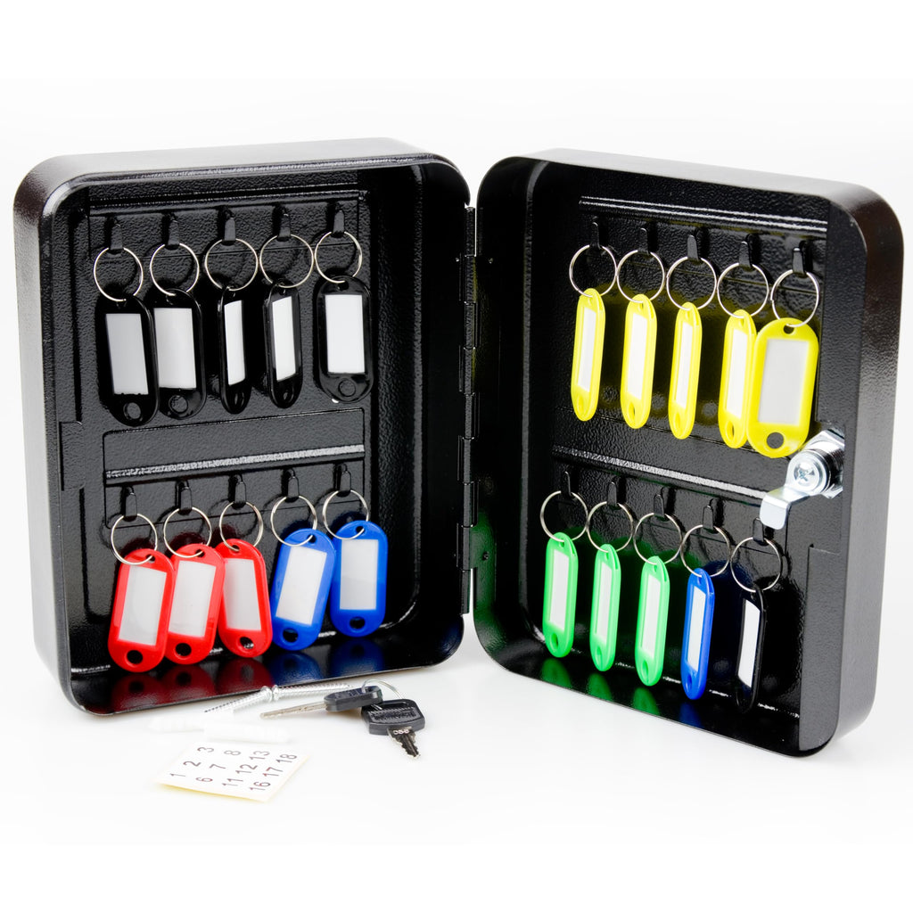ABN Finest Key Cabinet Wall Mounted - Lockable Key Safe Box with 20 Hooks, Metal Key Storage Lock Box for Home Office, Key Safe Cabinet with Colour Tags & Labels, Black