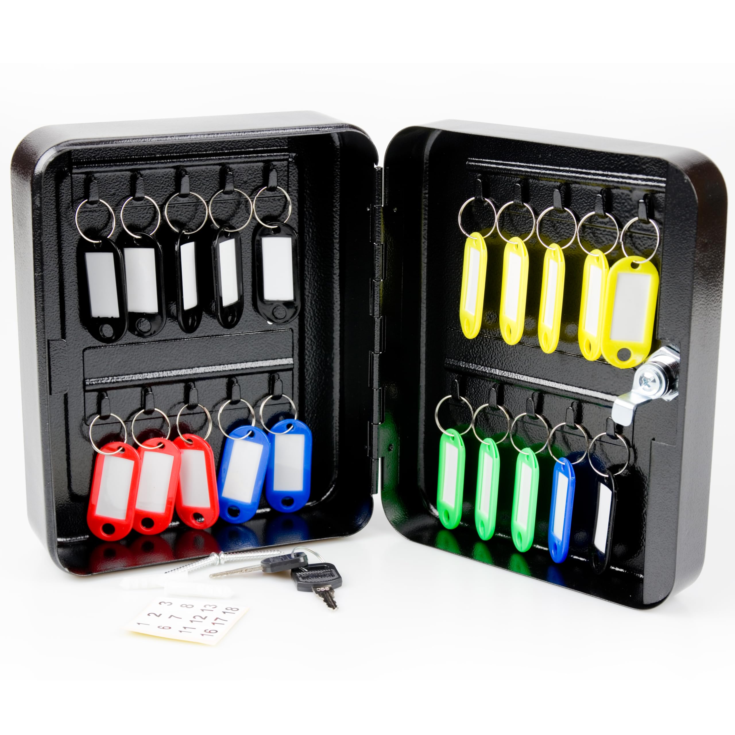 ABN Finest Key Cabinet Wall Mounted - Lockable Key Safe Box with 20 Hooks, Metal Key Storage Lock Box for Home Office, Key Safe Cabinet with Colour Tags & Labels, Black