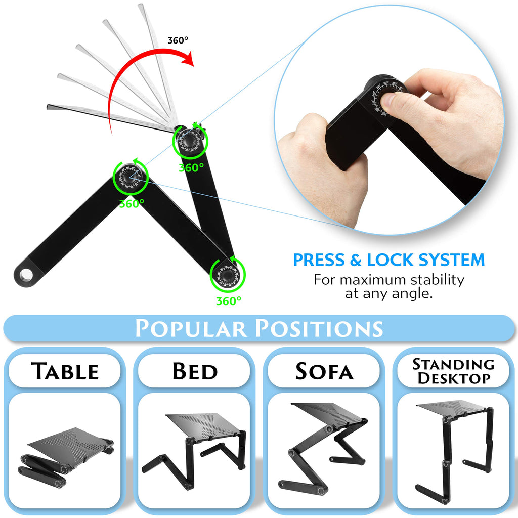 Folding Laptop Stand – Height Adjustable Lap Desk, 360° Legs, Mouse Tray, Portable, Black