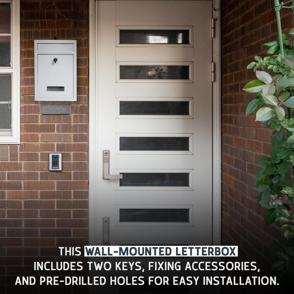 Wall Mounted Post Box – Lockable Outdoor Letterbox, Galvanised Steel, 32x22cm, Black & White