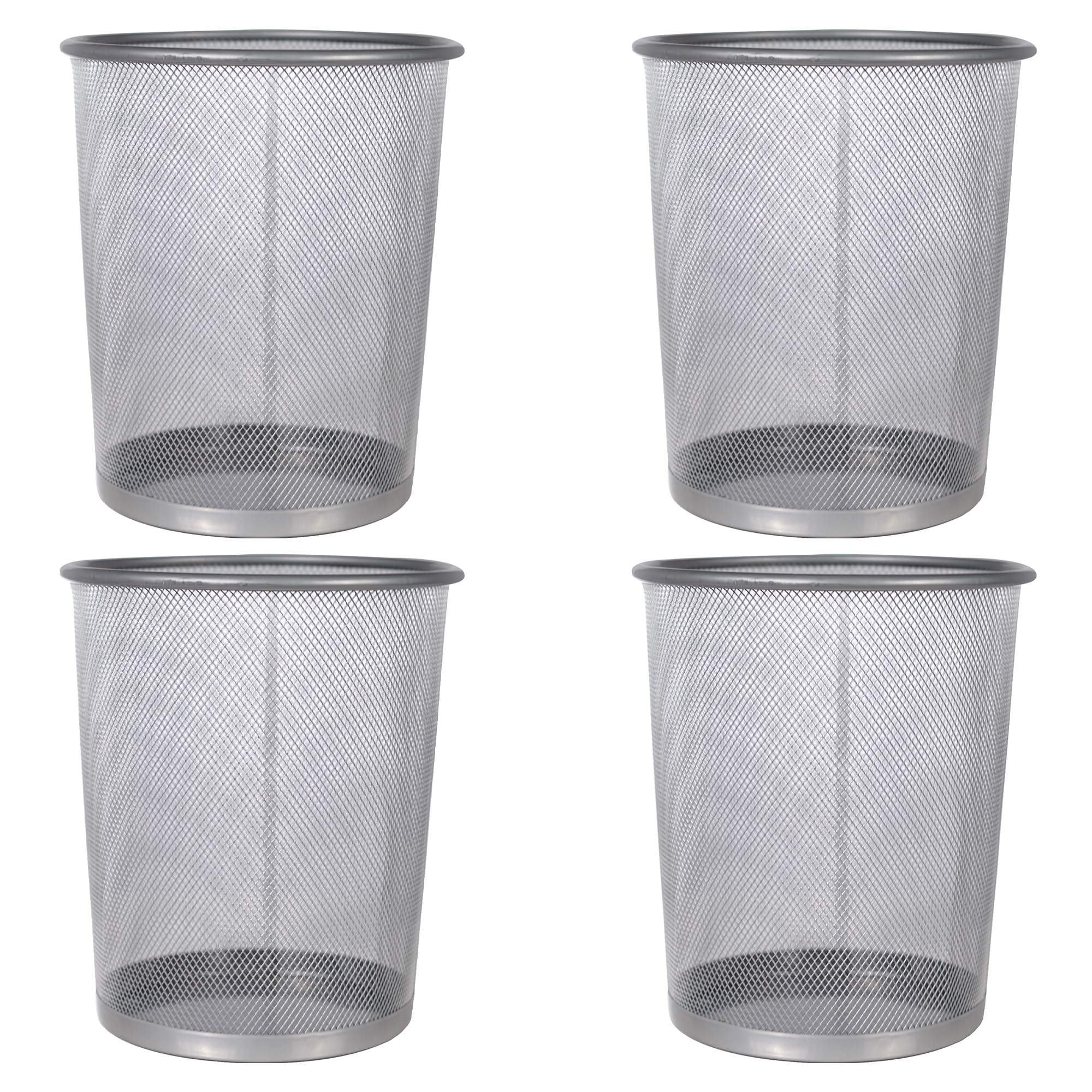 Set of 4 Silver Waste Paper Rubbish Bin Basket - Wire Mesh Trash Bin for Office, Bedroom, Bathroom, Lounge, University Dorm Rooms - Modern & Space-Saving with Solid & Stable Base, Heavy Duty Metal
