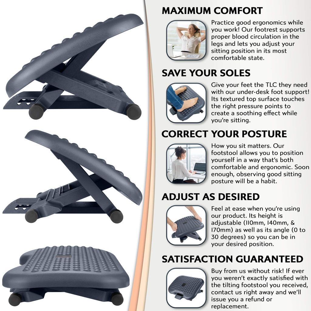 Ergonomic Foot Rest Under Desk – Adjustable Footrest, 3 Heights, Portable, HIPS, Grey
