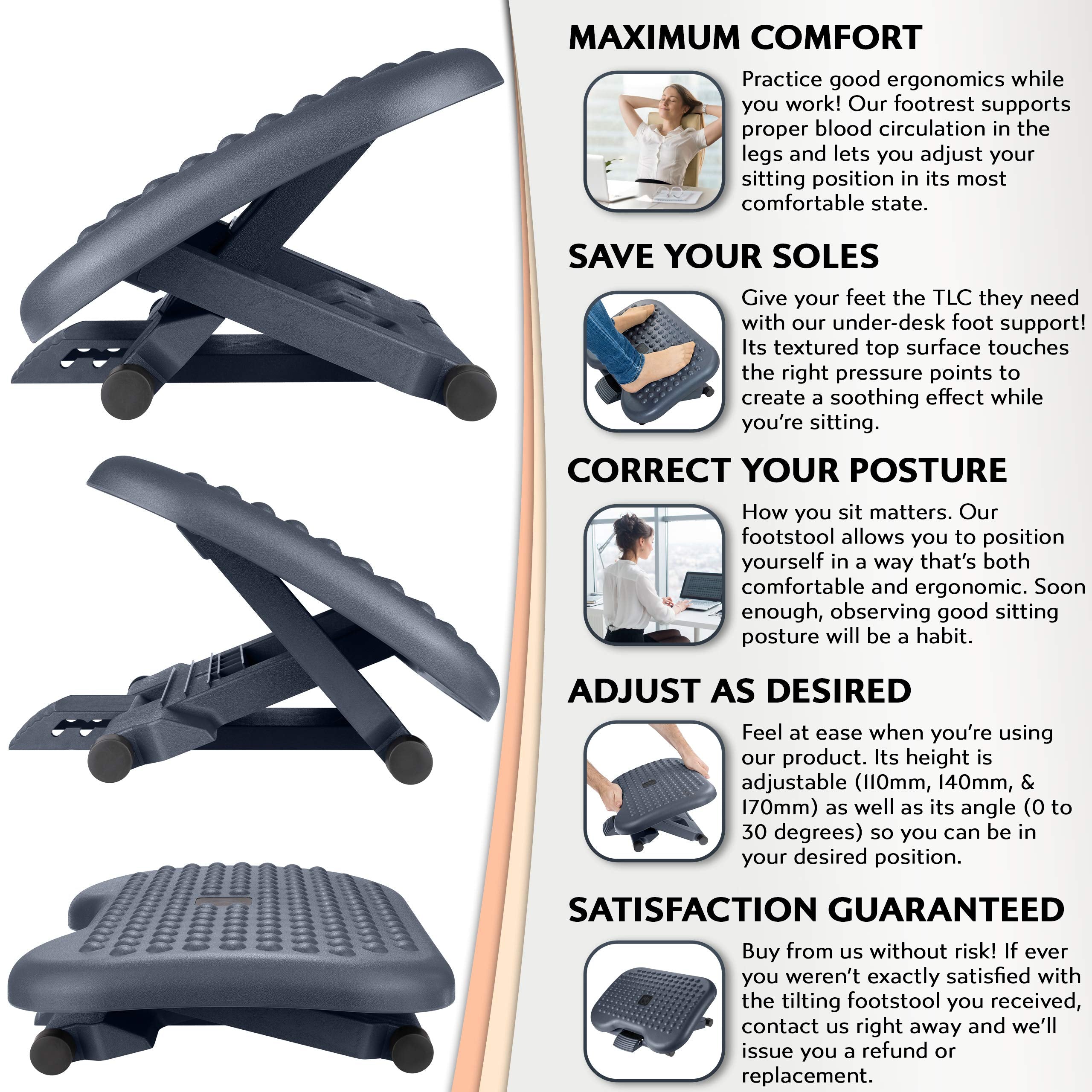 Ergonomic Foot Rest Under Desk – Adjustable Footrest, 3 Heights, Portable, HIPS, Grey