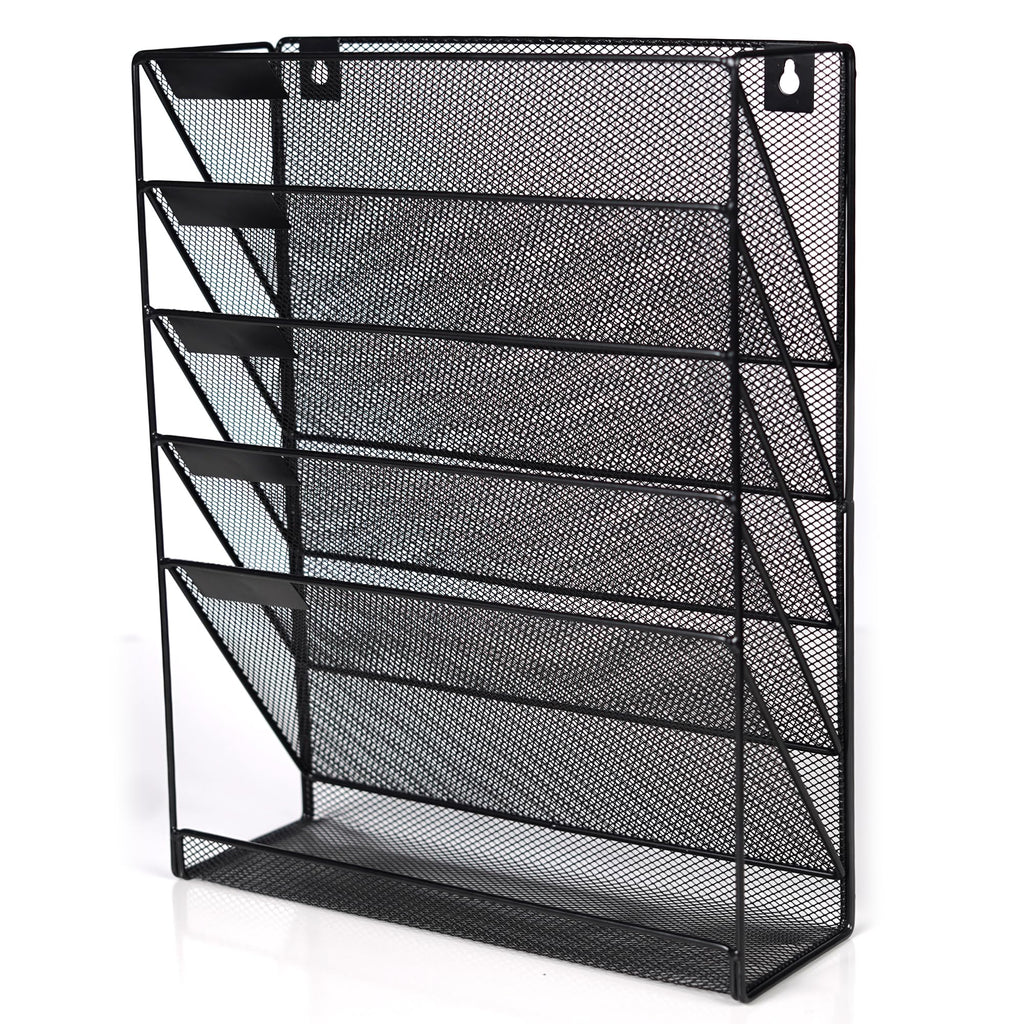 ABN Finest Wall Mounted Magazine Rack Hanging File Document Holder Organiser for Letter, Literature Display, A4 Paper, Newspaper, Books - Metal Mesh 6-Tier - Black