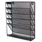 ABN Finest Wall Mounted Magazine Rack Hanging File Document Holder Organiser for Letter, Literature Display, A4 Paper, Newspaper, Books - Metal Mesh 6-Tier - Black