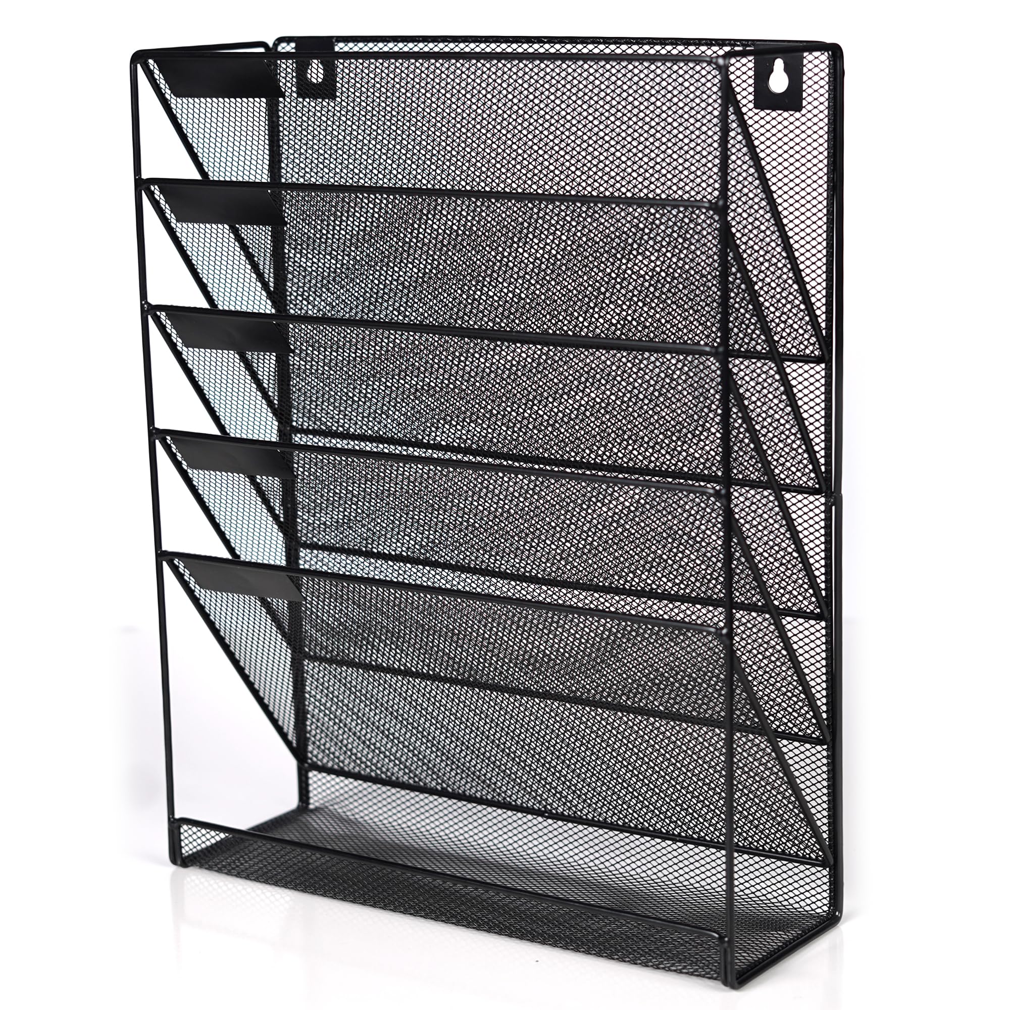 ABN Finest Wall Mounted Magazine Rack Hanging File Document Holder Organiser for Letter, Literature Display, A4 Paper, Newspaper, Books - Metal Mesh 6-Tier - Black