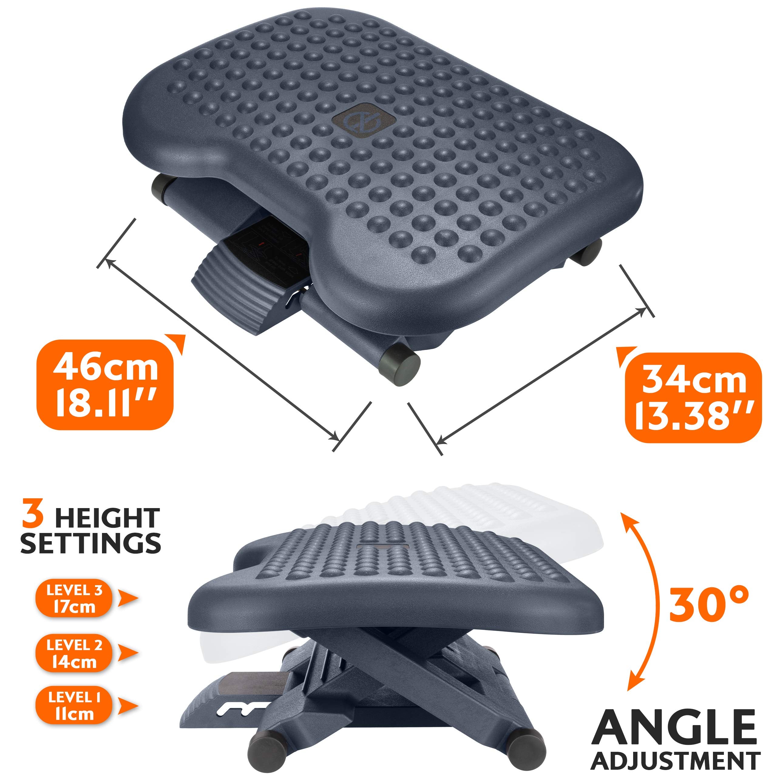 Ergonomic Foot Rest Under Desk – Adjustable Footrest, 3 Heights, Portable, HIPS, Grey