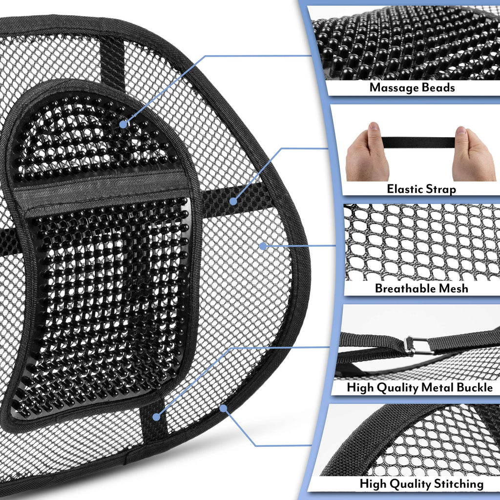Lumbar Back Support Cushion for Office Chair & Car – Mesh, Massage Beads, Black