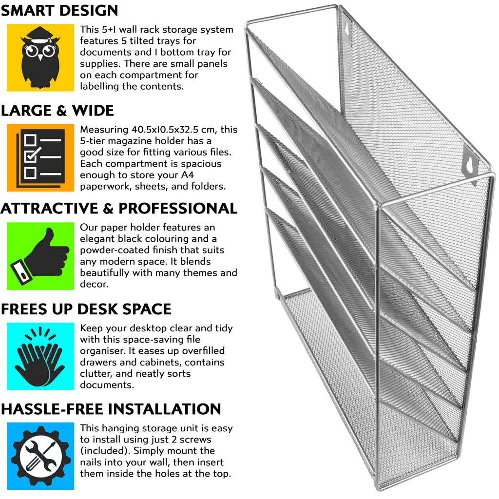 Wall Mounted Magazine Rack – 6-Tier Metal Mesh File & Document Holder, A4